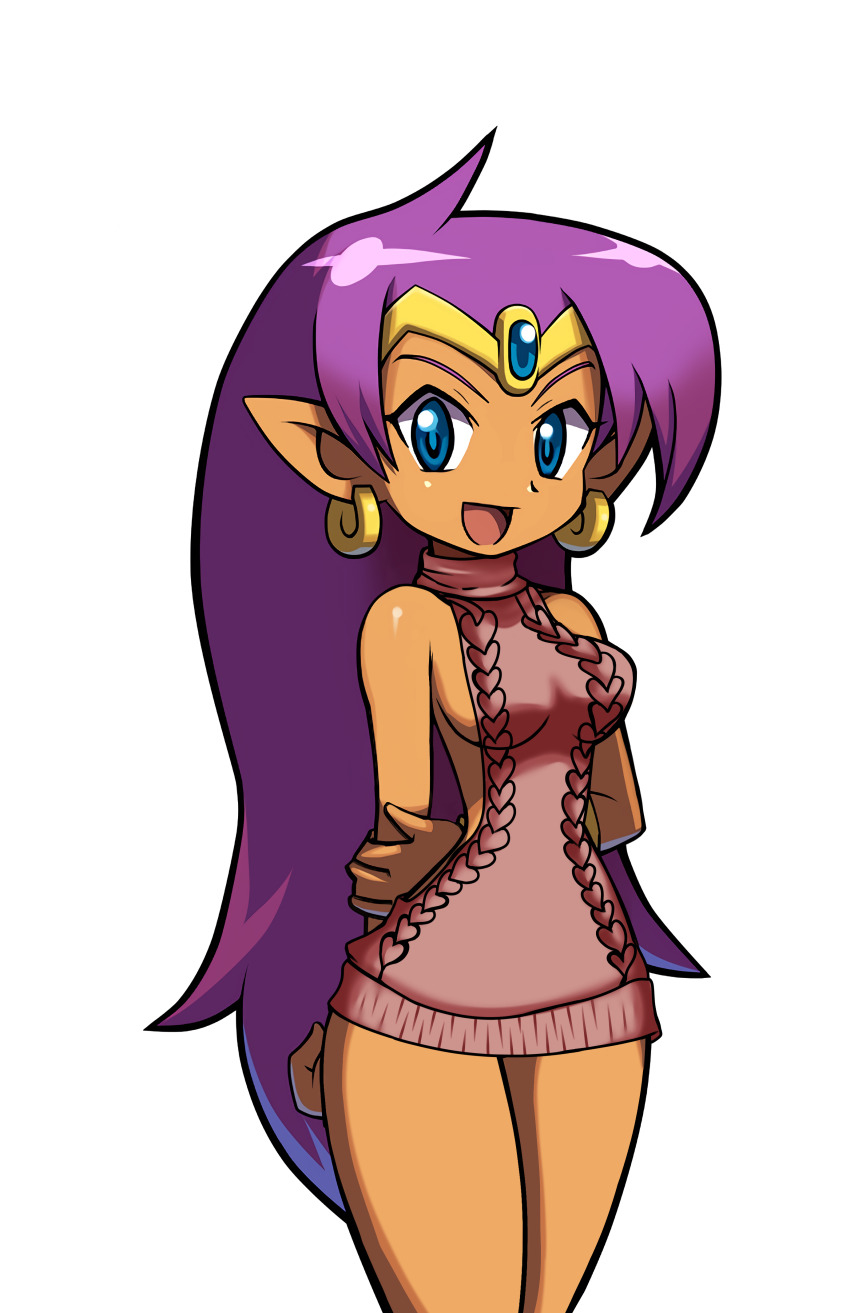 1girl abby_nii absurdres arms_behind_back bare_arms bare_legs blue_eyes breasts dark-skinned_female dark_skin earrings female_focus hair_down highres hoop_earrings jewelry long_hair looking_at_viewer meme_attire open_mouth pointy_ears purple_hair shantae shantae_(series) simple_background smile solo thighs third-party_edit tiara turtleneck very_long_hair virgin_killer_sweater white_background