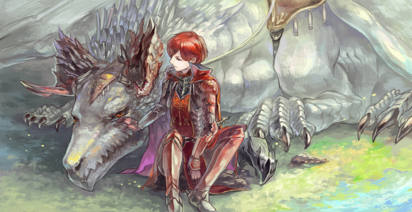 1boy armor breastplate cape claws commentary day dragon fantasy from_above gloves gorget greaves highres horns knight on_grass orange_eyes original outdoors pauldrons pelvic_curtain red_cape red_eyes red_gloves red_hair saddle sakaya313 scales short_hair shoulder_armor sitting size_difference slit_pupils vambraces western_dragon