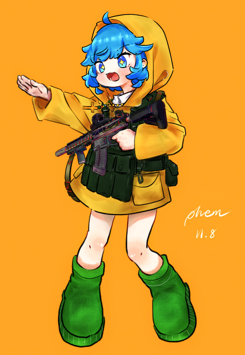 1girl absurdres assault_rifle bead_necklace beads blue_eyes blue_hair blush boots bulletproof_vest dated flat_chest full_body green_footwear gun highres holding holding_gun holding_weapon jewelry jubilee_2025 looking_ahead luce_(jubilee_2025) necklace open_mouth phem24 rifle rosary rubber_boots salute scope shirt signature simple_background solo sparkling_eyes weapon white_shirt yellow_background yellow_raincoat