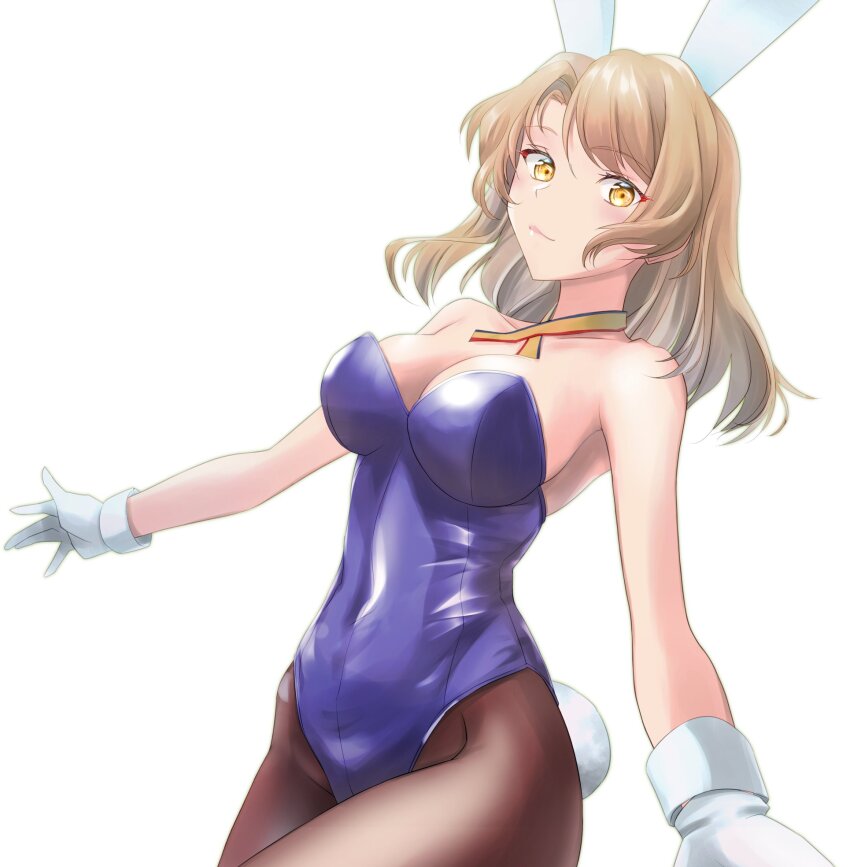 1girl animal_ears black_pantyhose blue_leotard breasts cleavage commentary_request cowboy_shot gloves highres houston_(kancolle) kantai_collection large_breasts leotard medium_hair neck_ribbon one-hour_drawing_challenge pantyhose playboy_bunny rabbit_ears ribbon simple_background solo strapless strapless_leotard tsukasa_(tukasa_br) white_background white_gloves yellow_eyes yellow_ribbon