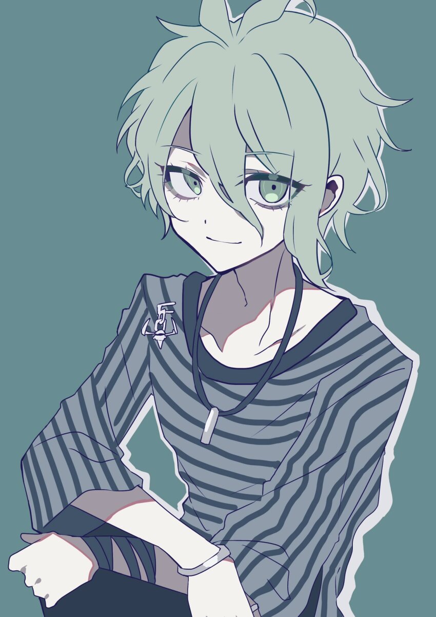 1boy amami_rantaro antenna_hair bishounen bracelet closed_mouth collarbone commentary danganronpa_(series) danganronpa_v3:_killing_harmony eyelashes green_background green_eyes green_hair hair_between_eyes highres jewelry long_sleeves looking_at_viewer male_focus muted_color necklace shirt short_hair smile solo striped_clothes striped_shirt todoroki_gk2 upper_body