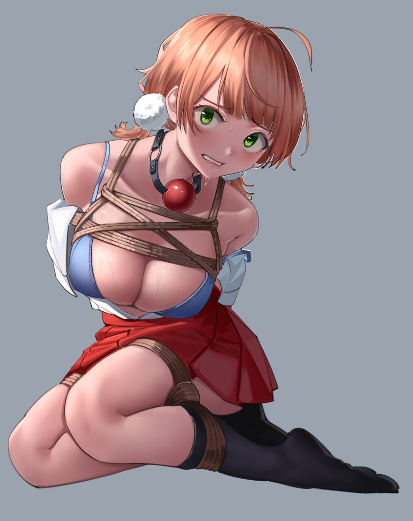 1girl absurdres arms_behind_back ball_gag bare_shoulders bdsm black_socks blue_bra blush bondage bound bra bra_strap breasts cleavage clothes_pull collarbone feet full_body gag gag_around_neck green_eyes harris_hero highres indie_virtual_youtuber looking_at_viewer medium_breasts medium_hair no_shoes on_floor open_clothes open_mouth open_shirt orange_hair parted_lips red_skirt restrained saliva shibari shigure_ui_(vtuber) shirt shirt_pull simple_background skirt socks soles solo sweat underwear ungagged unworn_gag virtual_youtuber white_shirt