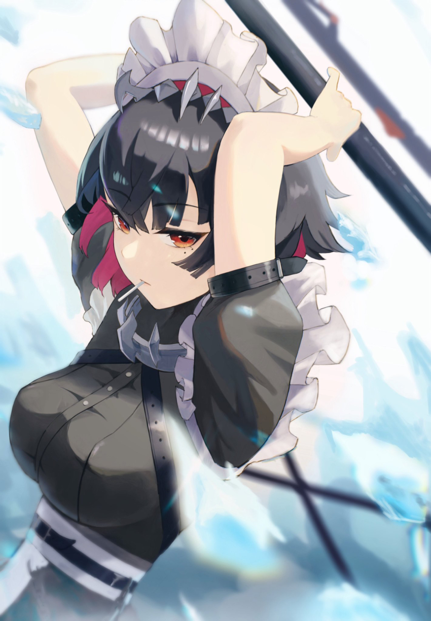 1girl black_hair breasts colored_inner_hair commentary_request ellen_joe haruhachiya highres holding holding_weapon ice looking_at_viewer maid maid_headdress medium_breasts mole mole_under_eye mouth_hold multicolored_hair red_eyes red_hair short_hair solo two-tone_hair upper_body weapon zenless_zone_zero