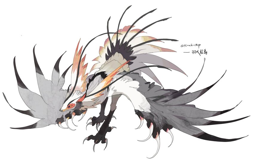 animal_feet animal_focus bird_legs colored_sclera copyright_request feathers full_body highres kamikiririp monster no_humans orange_sclera solo white_background white_feathers white_wings wings