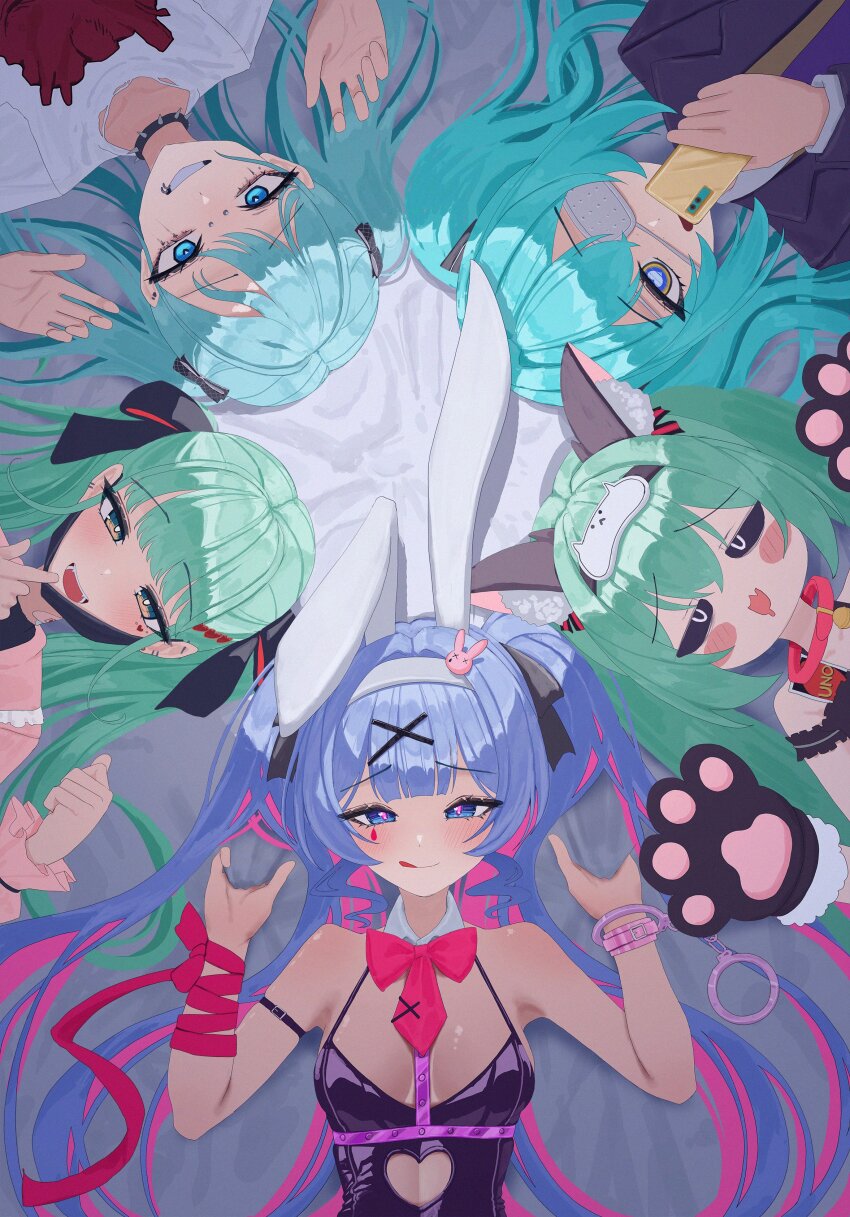 5girls absurdres animal_ear_fluff animal_ear_hairband animal_ears animal_hands aqua_eyes aqua_hair bed_sheet black_sclera blazer blue_hair blunt_bangs bound bound_wrists bow cellphone choker circle_formation clothing_cutout colored_sclera commentary double-parted_bangs ear_piercing emo_fashion eyepatch fake_animal_ears furrowed_brow gloves green_hair hair_bow hair_ornament hairband hatsune_miku highres holding holding_phone jacket jirai_kei leotard lip_piercing long_hair lying maji_(majidesu3) mask medical_eyepatch mimukauwa_nice_try_(vocaloid) monitoring_(vocaloid) mouth_mask multicolored_hair multiple_girls multiple_persona nose_piercing paw_gloves phone piercing pink_hair playboy_bunny rabbit_ear_hairband rabbit_ears rabbit_hole_(vocaloid) sad_girl_sex_(vocaloid) school_uniform shirt smartphone songover streaked_hair twintails underboob_cutout vampire_(vocaloid) vocaloid wing_collar x_hair_ornament