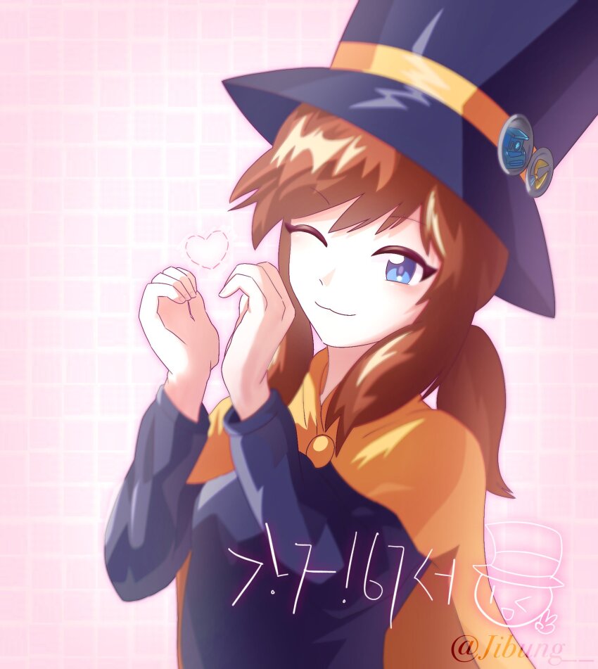 1girl ;3 ;d a_hat_in_time artist_name badge brown_hair button_badge camera cape character_name closed_mouth commentary dotted_line grid_background hat hat_kid hat_ribbon heart heart_hands highres jacket jibung long_sleeves looking_at_viewer medium_hair one_eye_closed open_mouth pink_background ponytail purple_hat purple_jacket ribbon sidelocks signature smile solo top_hat upper_body v yellow_cape yellow_ribbon