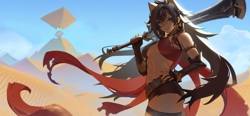 1girl abs animal_ears armlet bare_shoulders belt black_gloves black_nails blonde_hair blue_eyes blue_sky bracelet breasts bright_pupils brown_hair cape claw_ring commentary cowboy_shot crop_top crossed_bangs dark-skinned_female dark_skin dehya_(genshin_impact) desert distr earrings elbow_gloves english_commentary fingerless_gloves floating_earring floating_hair genshin_impact gloves gold_trim hair_between_eyes hair_intakes hand_on_own_hip hand_up highres holding holding_sword holding_weapon jewelry long_hair looking_at_viewer medium_breasts multicolored_hair navel outdoors over_shoulder parted_lips pyramid_(structure) red_cape sand sky smile solo spiked_bracelet spikes stomach streaked_hair sword sword_over_shoulder thighlet torn_cape torn_clothes two-tone_hair weapon weapon_over_shoulder white_pupils