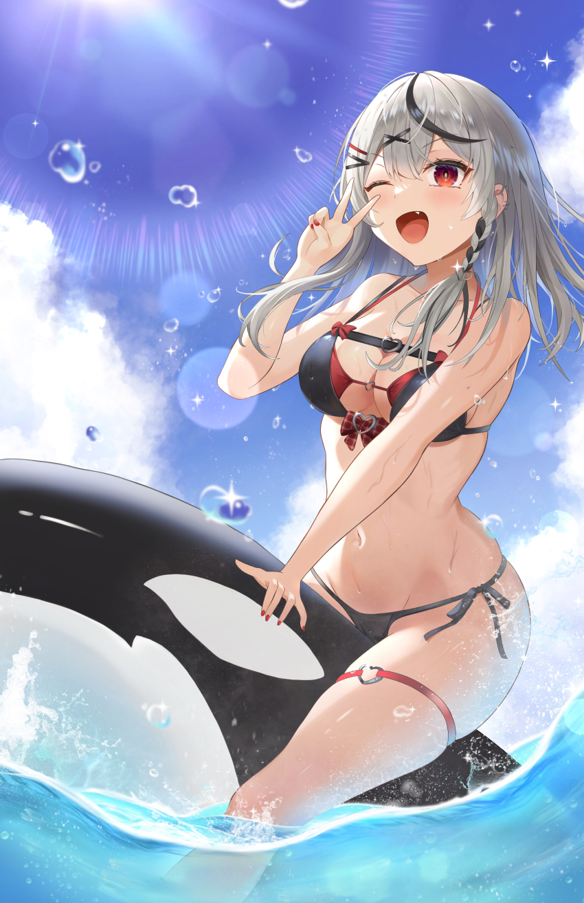 1girl absurdres bare_shoulders bikini black_bikini blue_sky bow breasts cloud earrings grey_hair hair_ornament highleg highleg_bikini highres hololive jewelry large_breasts long_hair looking_at_viewer multicolored_hair nail_polish navel one_eye_closed open_mouth orca red_eyes red_nails sakamata_chloe sharp_teeth sky streaked_hair sugarillust summer swimsuit teeth tongue v virtual_youtuber water water_drop