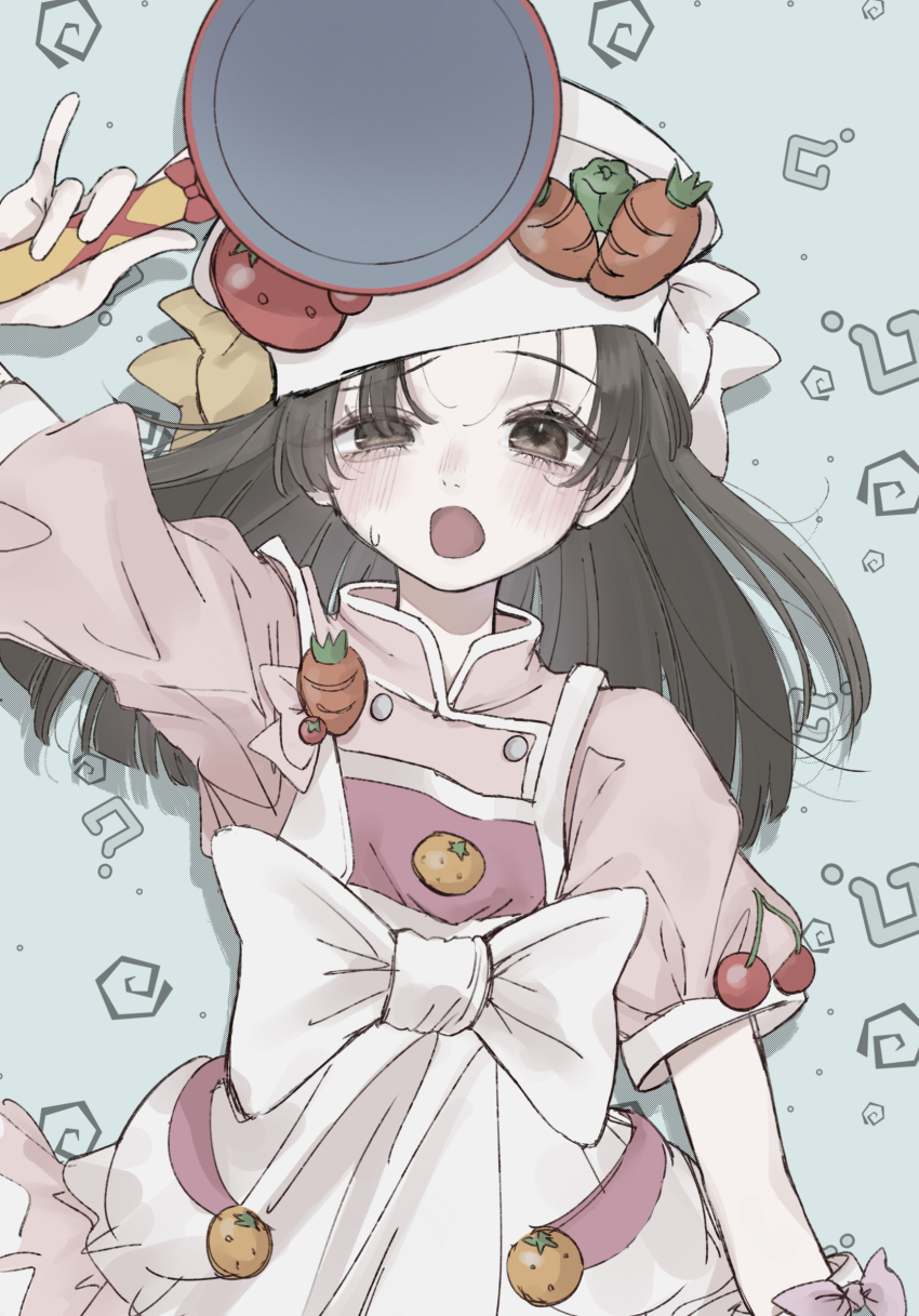 1girl :o ? blush bow brown_hair carrot cherry cooking_idol_ai!_mai!_main! food fruit hat highres hiiragi_mine holding_pan kagenone long_hair open_mouth pink_shirt shirt short_sleeves solo sweatdrop tomato white_bow white_hat