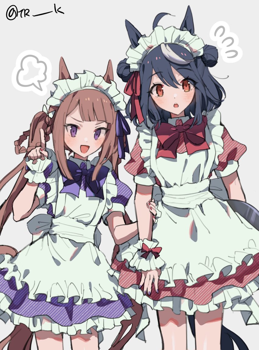 2girls absurdres ahoge alternate_costume animal_ears apron black_hair blue_bow blue_bowtie blue_nails blue_ribbon blush bow bowtie breasts brown_eyes brown_hair commentary_request cowboy_shot double_bun dress enmaided fingernails frilled_apron frilled_dress frills grey_background hair_between_eyes hair_bun hair_ornament hair_rings highres holding_another&#039;s_arm horse_ears horse_girl horse_tail kitasan_black_(umamusume) long_hair looking_at_viewer maid maid_headdress medium_breasts medium_hair multicolored_hair multiple_girls nail_polish notice_lines open_mouth pointing pointing_up puffy_short_sleeves puffy_sleeves purple_bow purple_bowtie purple_eyes red_bow red_bowtie red_eyes red_nails red_ribbon ribbon scrunchie short_sleeves side-by-side simple_background smile streaked_hair sweep_tosho_(umamusume) tail tarako twitter_username umamusume white_apron white_hair wrist_cuffs wrist_scrunchie