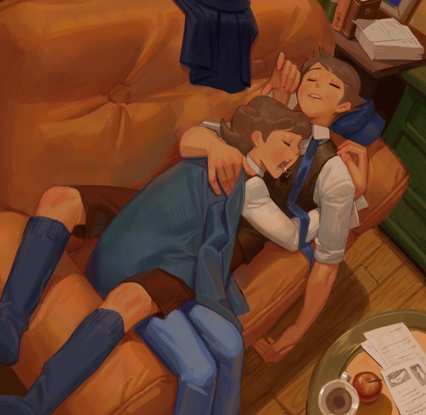 2boys absurdres apple brown_hair closed_eyes couch cuddling drooling food fruit future_luke highres jacket kneehighs lacryboy luke_triton multiple_boys necktie papers professor_layton saliva short_hair shorts sleeping socks vest white_socks