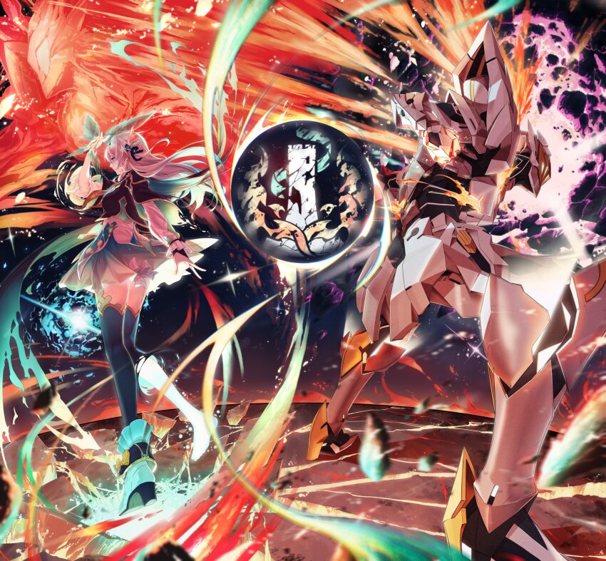 1girl armor black_jacket crack cracked_floor explosion fighting_stance fire firefly_(honkai:_star_rail) full_body glowing glowing_headgear green_skirt green_thighhighs grey_hair helmet henshin henshin_pose highres holding honkai:_star_rail honkai_(series) jacket long_hair pauldrons power_armor sam_(honkai:_star_rail) shoulder_armor skirt taiju_(gr09kuma) thighhighs transformation transforming_clothes white_armor white_jacket