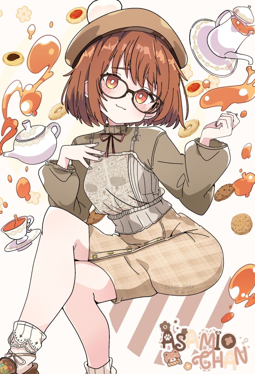 1girl :3 asami-chan beret black-framed_eyewear blush bobby_socks breasts bright_pupils brown_footwear brown_hair brown_hat brown_shirt brown_skirt character_name closed_mouth crossed_legs cup feet_out_of_frame glasses hands_up hat highres invisible_chair long_sleeves looking_at_viewer neck_ribbon original pencil_skirt plaid_clothes plaid_skirt puffy_long_sleeves puffy_sleeves red_eyes red_ribbon ribbon shirt short_hair sitting skirt small_breasts socks solo tea teacup teapot white_background white_pupils white_socks