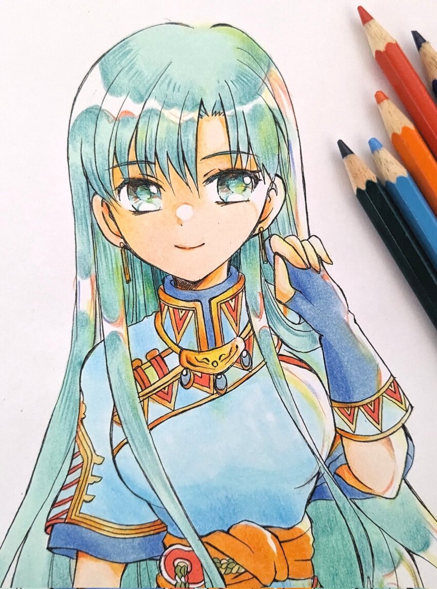 art_tools_in_frame blue_dress blue_gloves chika_1 colored_pencil_(medium) dress earrings fingerless_gloves fire_emblem fire_emblem:_the_blazing_blade gloves green_eyes green_hair high_collar highres jewelry long_hair looking_at_viewer lyn_(fire_emblem) nintendo simple_background traditional_media upper_body white_background