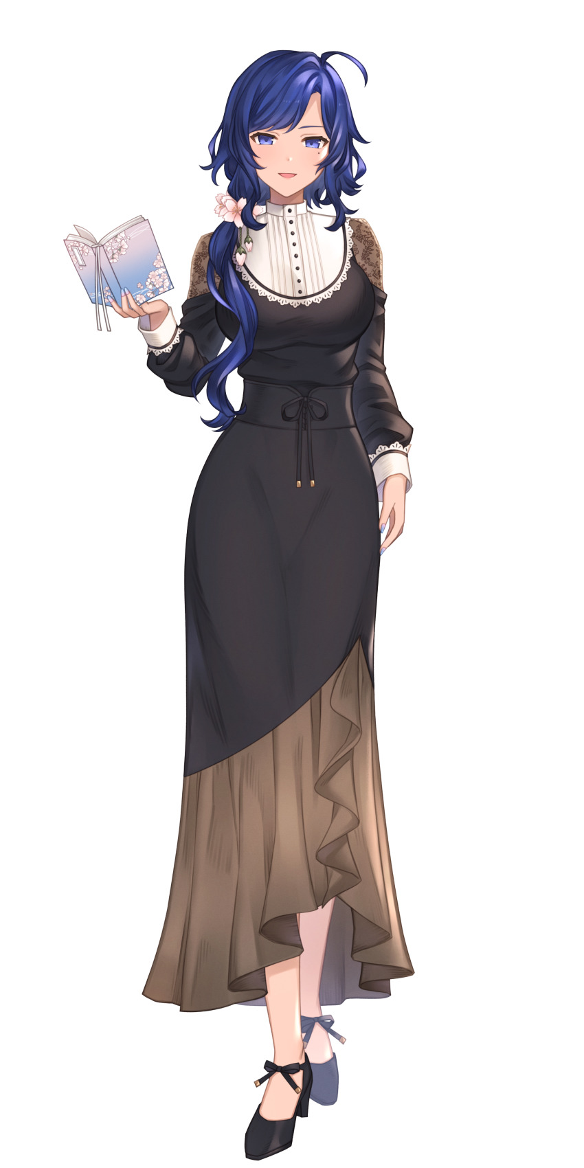 1girl :d absurdres ahoge annno_ans arm_at_side black_dress black_footwear black_ribbon blue_eyes blue_hair blue_nails book breasts brown_dress cherry_blossoms curly_hair dress flower footwear_ribbon full_body hair_flower hair_ornament hair_over_shoulder hand_up high_heels highres holding holding_book large_breasts long_dress long_hair looking_at_viewer low_ponytail mature_female mole mole_under_eye official_art open_book open_mouth pink_flower ponytail ribbon sawami_yuzu smile solo standing swept_bangs tachi-e toki_production transparent_background two-tone_dress virtual_youtuber