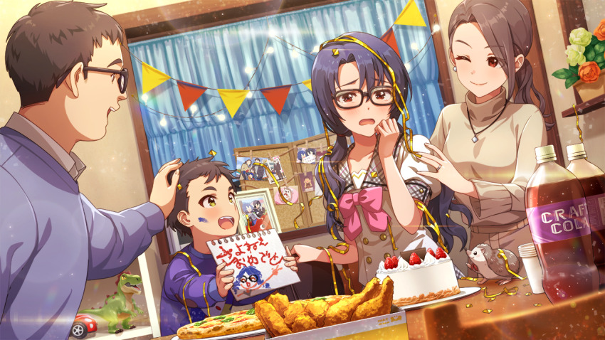 blue_hair bottle brown_hair cake car cola confetti cup dinosaur drawing_(object) earrings faceless flag food forehead fruit game_cg glasses hedgehog holding idolmaster idolmaster_million_live! idolmaster_million_live!_theater_days japanese_text jewelry leaf low_twintails motor_vehicle necklace official_art one_eye_closed open_mouth photo_(object) pizza puffy_sleeves red_eyes ring sailor_collar smile strawberry table takayama_sayoko twintails yellow_eyes