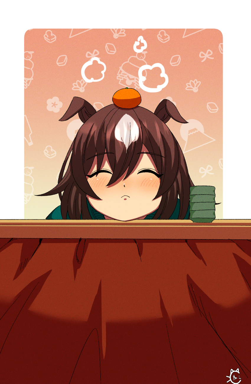 1girl absurdres alternate_costume animal_ears blush border brown_hair closed_eyes closed_mouth color_neko_(user_yfvc3323) commentary_request cup ears_down food frown fruit green_shirt hair_between_eyes head_rest highres horse_ears horse_girl indoors kotatsu long_hair mandarin_orange multicolored_hair on_head shirt sirius_symboli_(umamusume) solo streaked_hair table umamusume white_border white_hair