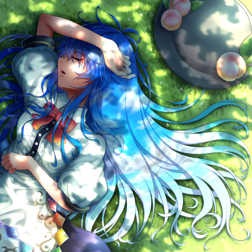 1girl absurdres apron arm_on_own_head arm_up black_hat blue_hair bow bowtie breasts buttons center_frills closed_eyes collared_shirt commentary dappled_sunlight day english_commentary frills grass hat hat_ornament highres hinanawi_tenshi leaf_hat_ornament long_hair lying mixed-language_commentary on_back on_grass open_mouth outdoors over3010 peach_hat_ornament puffy_short_sleeves puffy_sleeves rainbow_order red_bow red_bowtie shirt short_sleeves small_breasts solo sunlight touhou unworn_hat unworn_headwear upper_body waist_apron white_apron white_shirt