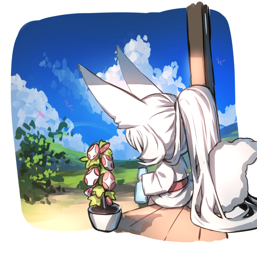 1girl absurdly_long_hair animal animal_ears blue_sky bottle bug chibi cloud commentary_request day dragonfly flower fox_ears fox_girl fox_tail highres holding holding_bottle insect japanese_clothes kimono long_hair long_sleeves obi original pink_flower plant ponytail potted_plant ramune sash silver_fox_girl_(yuuji_(yukimimi)) sitting sky sleeves_past_wrists solo tail very_long_hair white_hair white_kimono wide_sleeves yuuji_(yukimimi)