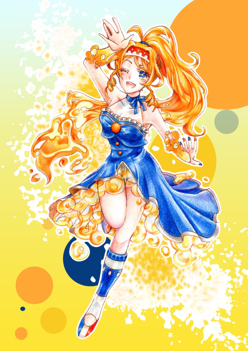 1girl annatsu blue_eyes blue_nails choker dress female_focus france french_flag hairband highres long_hair looking_at_viewer nail_polish one_eye_closed orange_hair orange_nails orangina original personification ponytail ribbon_choker scrunchie see-through_clothes shorts shorts_under_skirt showgirl_skirt smile socks solo very_long_hair waving