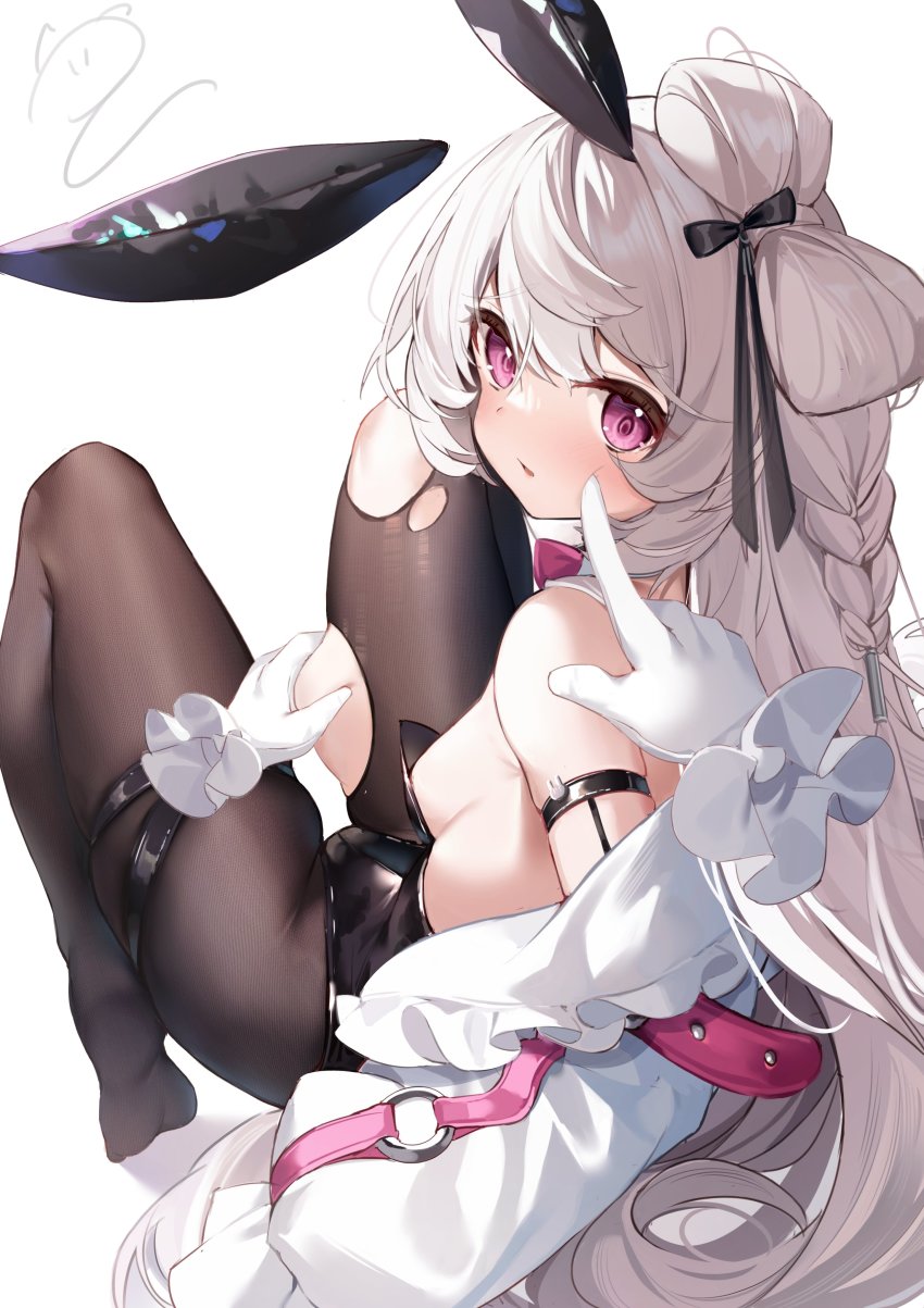 1girl absurdres animal_ears arm_strap black_leotard black_ribbon blush bow-shaped_hair braid breasts brown_pantyhose cheek_poking detached_ears disembodied_hand fake_animal_ears hair_ribbon highres jacket leotard long_hair long_sleeves looking_at_viewer looking_back nahaki no_shoes off_shoulder open_clothes open_jacket original pantyhose parted_lips playboy_bunny poking purple_eyes rabbit_ears ribbon simple_background small_breasts solo_focus strapless strapless_leotard thigh_grab torn_clothes torn_pantyhose very_long_hair white_background white_hair white_jacket