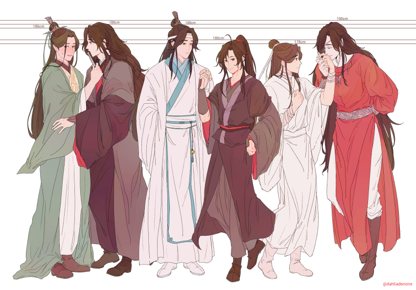 6+boys absurdres bandaged_arm bandaged_neck bandages bishounen black_hair black_hanfu blue_hanfu blue_trim blush boots bracer brown_hair butterfly_necklace chinese_clothes chinese_hairpin closed_eyes closed_mouth commentary english_commentary eyepatch facial_mark forehead_mark full_body green_hanfu hair_bun hair_ribbon hand_fan hanfu headband height_chart height_difference highres holding holding_fan holding_hands hua_cheng jewelry kiss kissing_hand lan_wangji layered_clothes long_hair long_sleeves luo_binghe male_focus modao_zushi multiple_boys necklace ponytail red_hanfu red_ribbon red_trim renzha_fanpai_zijiu_xitong ribbon ribboned_xiao_guan shen_qingqiu simple_background single_hair_bun smile standing string string_around_finger string_of_fate tamtam_(dahliadenoire) tianguan_cifu very_long_hair wei_wuxian white_background white_hanfu white_headband wide_sleeves xiao_guan_(headdress) xie_lian yaoi zhijupao zuiyin