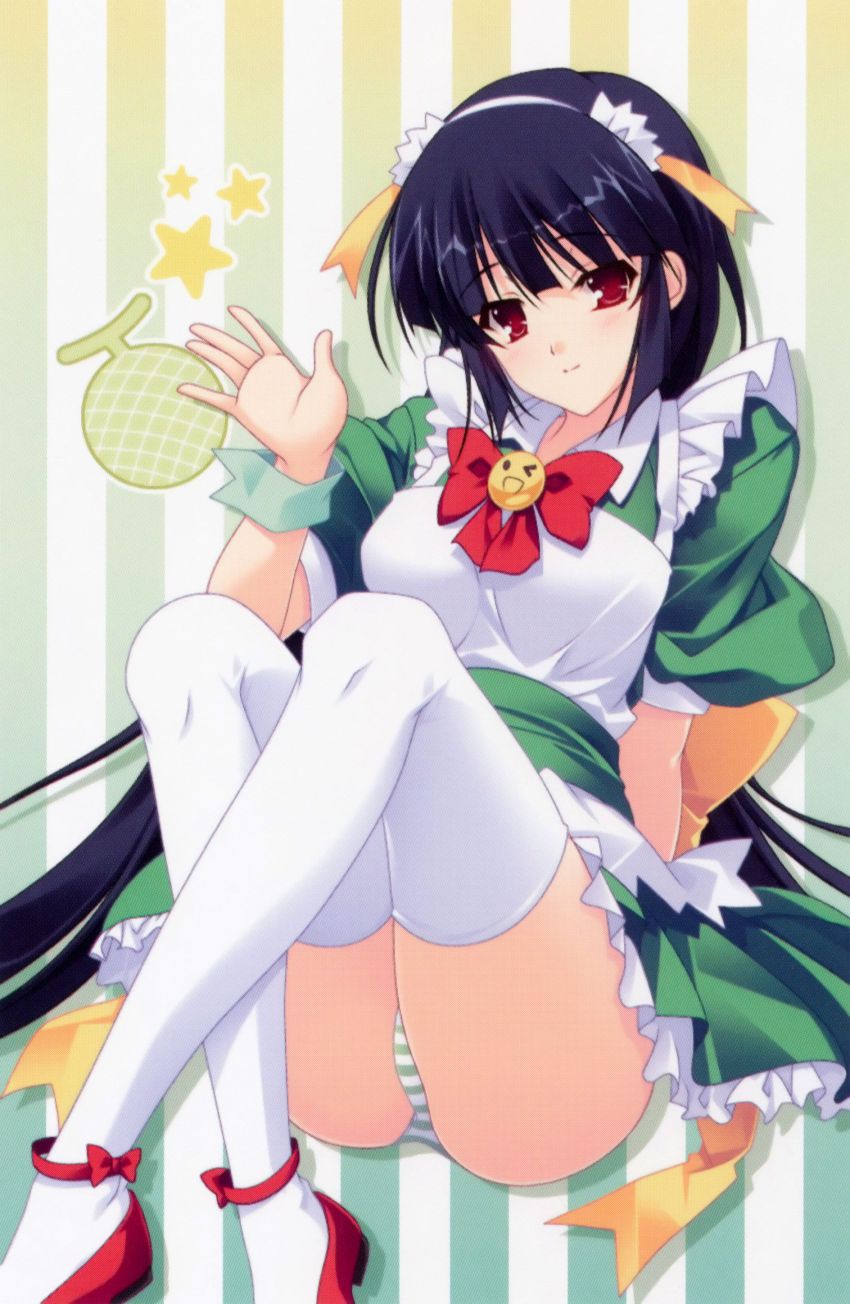 1girl absurdres blue_hair cosplay food fruit green_panties highres kimi_wo_aogi_otome_wa_hime_ni legs maid melon melon-chan melon-chan_(cosplay) melonbooks panties red_eyes satou_satoru striped_background striped_clothes striped_panties takamine_kana thighhighs underwear vertical_stripes white_thighhighs