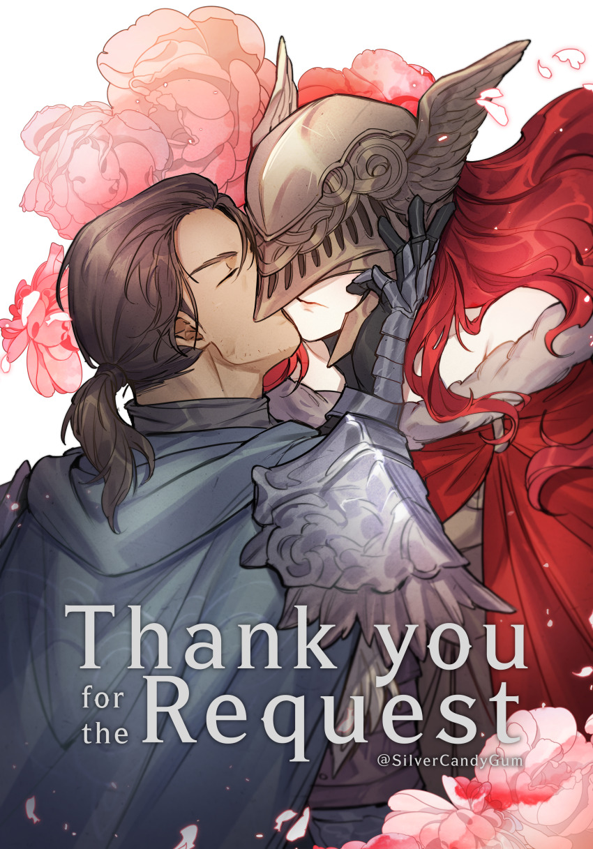 1boy 1girl absurdres armor black_hair blue_cape cape closed_eyes closed_mouth commentary commission covered_eyes elden_ring english_commentary english_text facial_hair flower fur-trimmed_cape fur_trim gauntlets hand_on_another&#039;s_face height_difference helmet hetero highres kiss kissing_cheek long_hair malenia_blade_of_miquella pauldrons petals pink_flower pixiv_commission ponytail red_cape red_hair short_hair shoulder_armor silvercandy_gum tarnished_(elden_ring) thank_you twitter_username white_background winged_helmet