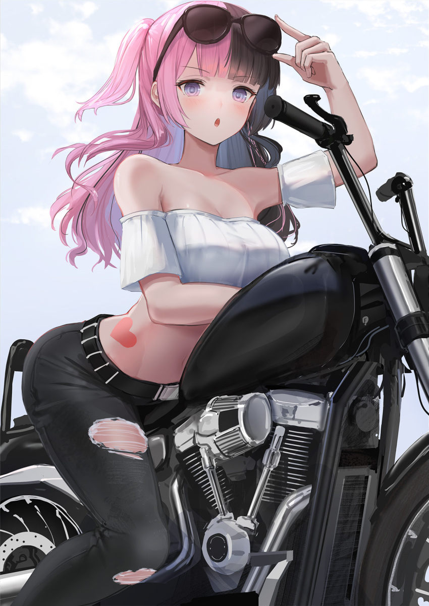 1girl :o arched_back bandeau bare_shoulders belt black_belt black_hair black_pants blue_eyes blunt_bangs breasts crop_top detached_sleeves eyewear_on_head heart highres large_breasts long_hair looking_at_viewer midriff motor_vehicle motorcycle multicolored_hair pants pink_hair ribbed_bandeau simple_background solo split-color_hair sthk straddling strapless sunglasses tachibana_hinano_(vtuber) torn_clothes tube_top two-tone_hair two_side_up virtual_youtuber vspo! white_background white_bandeau