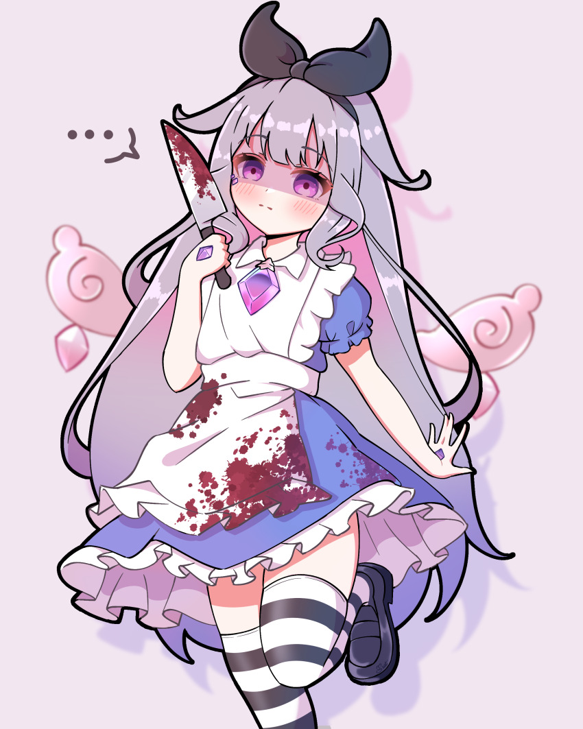 ... 1girl absurdres alice_(alice_in_wonderland) alice_(alice_in_wonderland)_(cosplay) alice_in_wonderland black_bow blood blood_on_clothes bloody_clothes bloody_dress bloody_knife blush bow chest_jewel commentary cosplay dress frilled_dress frills gem gradient_hair hand_jewel highres holding holding_knife hololive hololive_english jewel_under_eye knife koseki_bijou long_hair looking_at_viewer multicolored_hair official_alternate_costume pink_background purple_eyes purple_gemstone purple_hair shaded_face shutowl solo speech_bubble very_long_hair virtual_youtuber