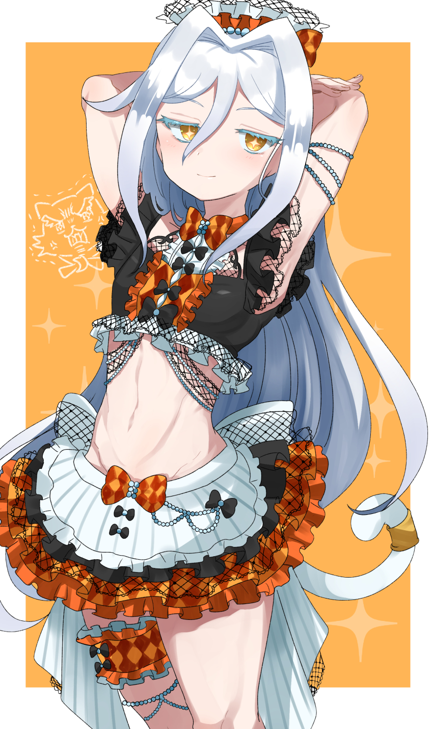 1girl absurdres argyle_bow argyle_clothes argyle_skirt armpit_peek arms_behind_head arms_up black_shirt border cat_tail closed_mouth colored_eyelashes fake_tail frilled_straps hair_between_eyes highres kiratto_pri_chan long_hair looking_at_viewer maid_headdress navel orange_background pretty_series shiraie shirt skirt solo solulu tail thigh_strap white_border white_hair