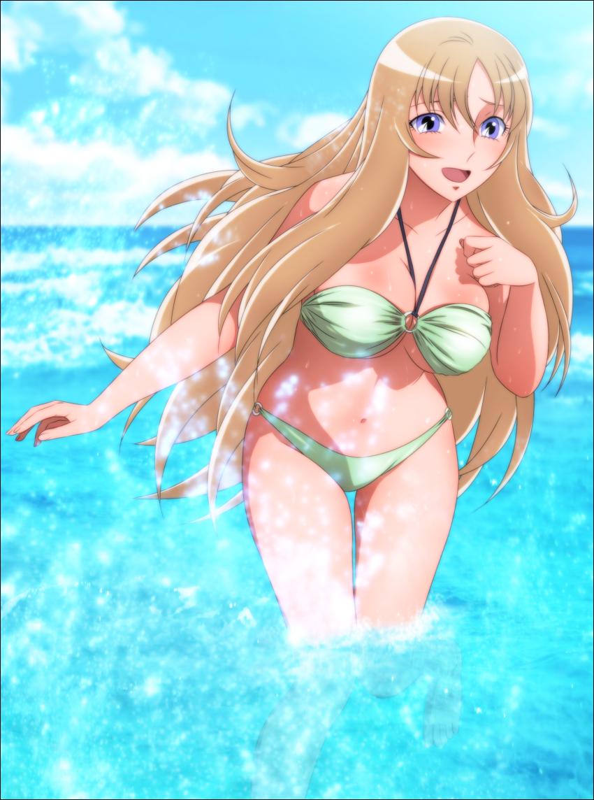 10s 1girl absurdres aquila_yuna bikini blonde_hair blue_eyes blush breasts cleavage cloud feet female_focus happy highres hip_focus large_breasts legs long_hair looking_at_viewer navel ocean open_mouth saint_seiya saint_seiya_omega sky smile solo standing swimsuit thighs toes water wet yadokari_genpachirou