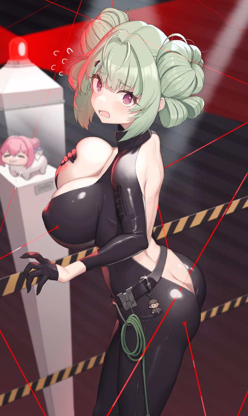 2girls absurdres ass black_bodysuit black_gloves bodysuit breasts butt_crack character_request check_character cleavage cloba commander_(nikke) commentary_request cosplay doro_(nikke) double_bun gloves goddess_of_victory:_nikke green_hair hair_bun highres large_breasts multiple_girls open_mouth purple_hair quency_(nikke) quency_(nikke)_(cosplay) sidelocks soda_(nikke) standing