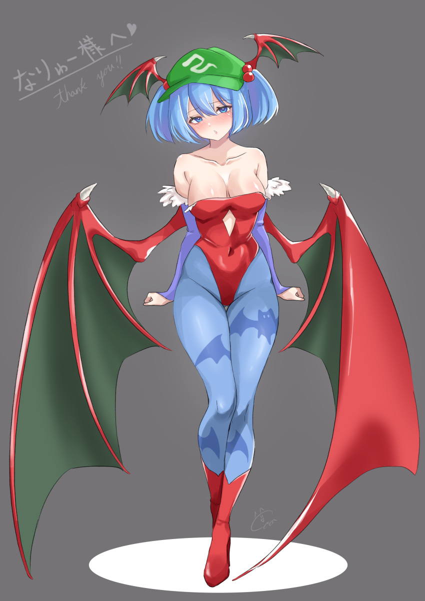 0002koko 1girl absurdres bare_shoulders baseball_cap black_wings blue_eyes blue_hair blue_pantyhose blush breasts cleavage collarbone commission cosplay cutout_above_navel darkstalkers demon_girl full_body green_hat grey_background hat head_wings highres kawashiro_nitori large_breasts leotard lilith_(darkstalkers) lilith_(darkstalkers)_(cosplay) low_wings medium_hair multiple_wings pantyhose print_pantyhose red_leotard red_wings simple_background skeb_commission solo strapless strapless_leotard thank_you touhou twintails wings