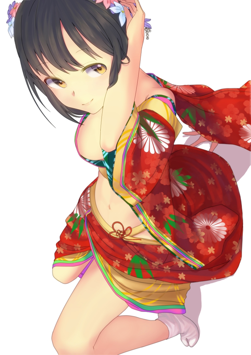 10s 1girl absurdres arm_support black_hair blurry depth_of_field drum female_focus floral_print flower hair_flower hair_ornament highres idolmaster idolmaster_cinderella_girls instrument japanese_clothes midriff navel q_(ed69) simple_background solo takafuji_kako tareme tsuzumi white_background yellow_eyes