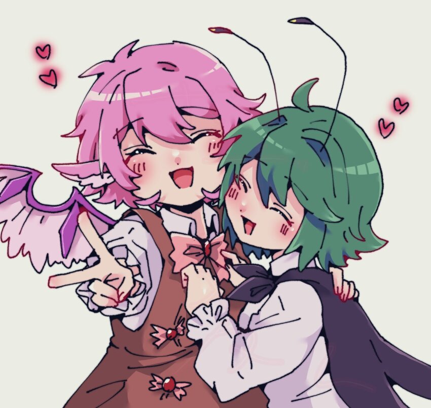 2girls antennae bird_wings black_cape blush bobotatamu bow brown_dress cape closed_eyes collared_shirt commentary_request dress green_hair grey_background heart highres long_sleeves multiple_girls mystia_lorelei no_headwear open_mouth pinafore_dress pink_hair shirt short_hair simple_background sleeveless sleeveless_dress smile touhou upper_body white_shirt wings wriggle_nightbug