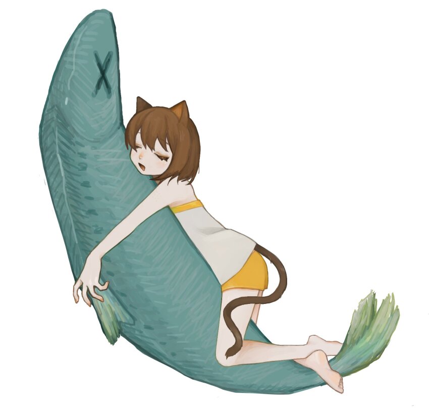 1girl animal_ears barefoot brown_hair cat_ears cat_girl cat_tail closed_eyes commentary fish from_side full_body highres lying molsteps on_stomach open_mouth orange_shorts original oversized_food oversized_object shirt short_hair short_shorts shorts simple_background sleeping solo symbol-only_commentary tail white_background white_shirt