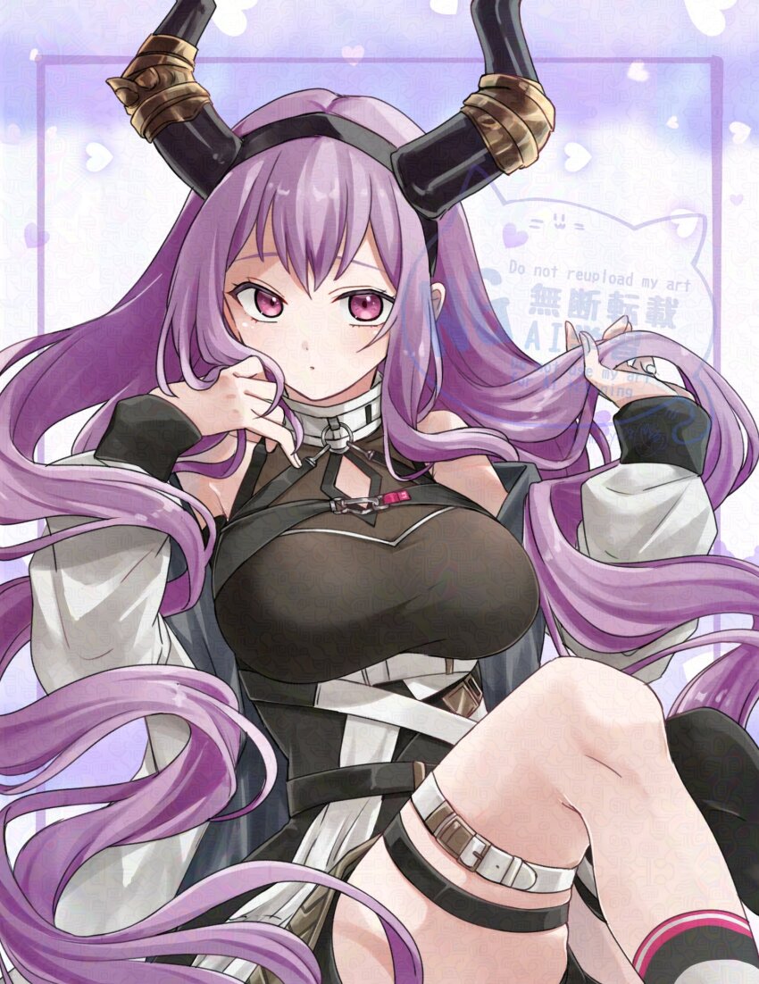 1girl adversarial_noise arknights bare_shoulders belt belt_buckle black_hairband black_horns buckle cleavage_cutout clothing_cutout commentary hair_lift hairband hands_in_own_hair heart highres horns long_hair looking_at_viewer o-ring purple_eyes purple_hair sleeveless solo soulroam thigh_belt thigh_strap typhon_(arknights) very_long_hair watermark white_belt