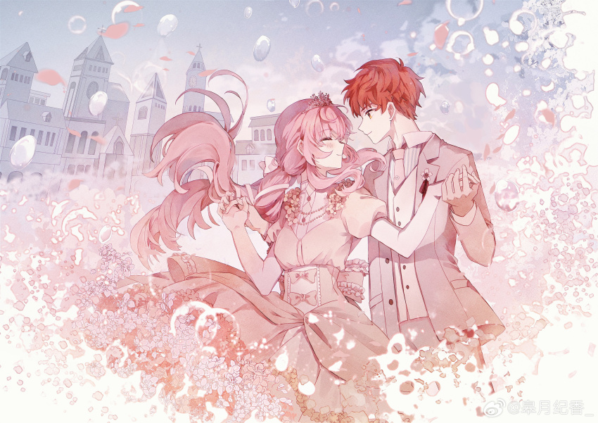 1boy 1girl =_= absurdres architecture blush bow breasts bride closed_eyes commentary_request couple dancer dancing dress emiya_shirou fate/stay_night fate_(series) flower formal_clothes grey_suit groom hetero highres holding_hands igote interlocked_fingers jacket long_hair male_focus orange_hair original own_hands_together red_hair ribbon rose shirt smile suit veil wedding_dress white_flower white_rose white_suit