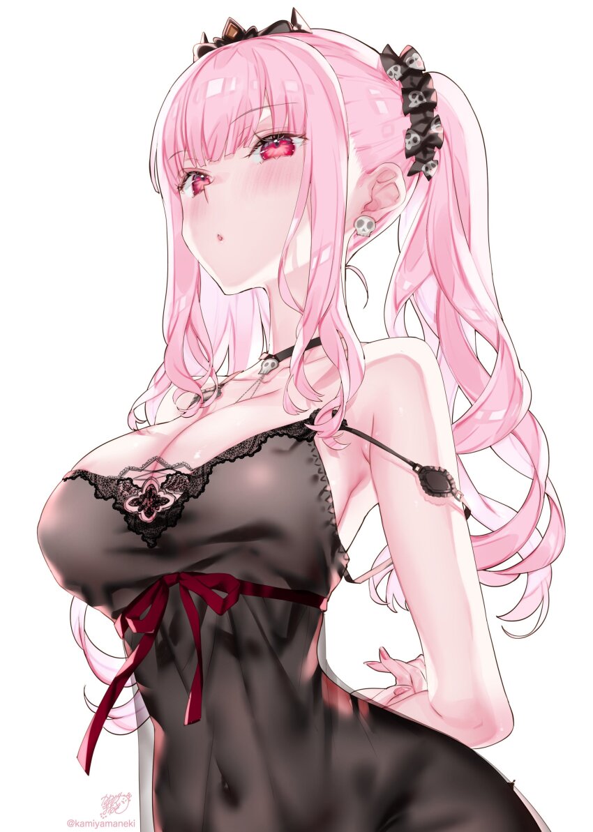 1girl absurdres arms_behind_back artist_name bare_shoulders black_choker black_nightgown black_tiara blush breasts choker cleavage collarbone commentary crossed_arms earrings highres hololive hololive_english holomyth jewelry kamiya_maneki lace-trimmed_nightgown large_breasts long_hair looking_at_viewer mori_calliope mori_calliope_(sleepwear) morning nightgown official_alternate_costume parted_lips pink_eyes pink_hair red_eyes sideboob signature simple_background skull_choker skull_collar skull_earrings sleepwear solo symbol-only_commentary tiara twintails twitter_username virtual_youtuber white_background