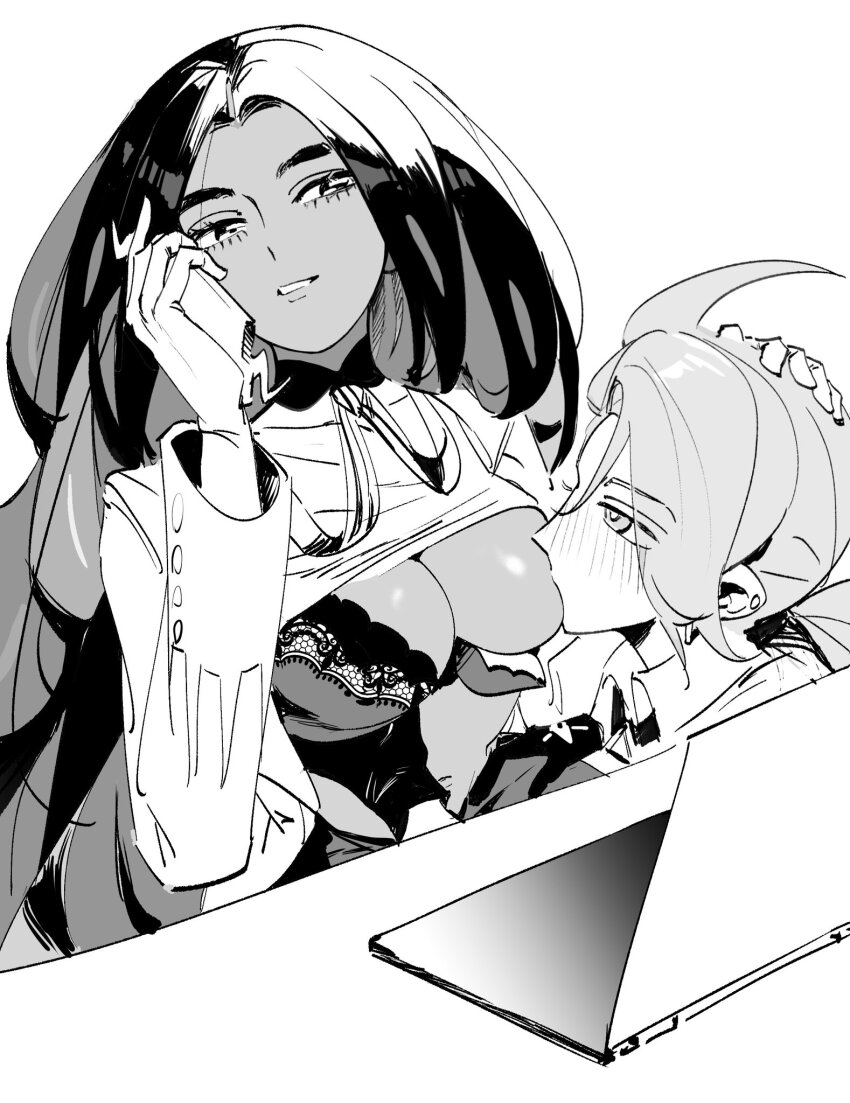 2girls ahoge blush bra breast_sucking breasts clothes_lift computer creatures_(company) desk game_freak geeta_(pokemon) geetasdog gen_4_pokemon gloves greyscale hand_on_another&#039;s_head highres holding holding_phone lace lace-trimmed_bra lace_trim laptop long_hair monochrome multiple_girls nintendo phone pokemon pokemon_sv rika_(pokemon) rotom rotom_phone shirt_lift underwear uppi white_background yuri