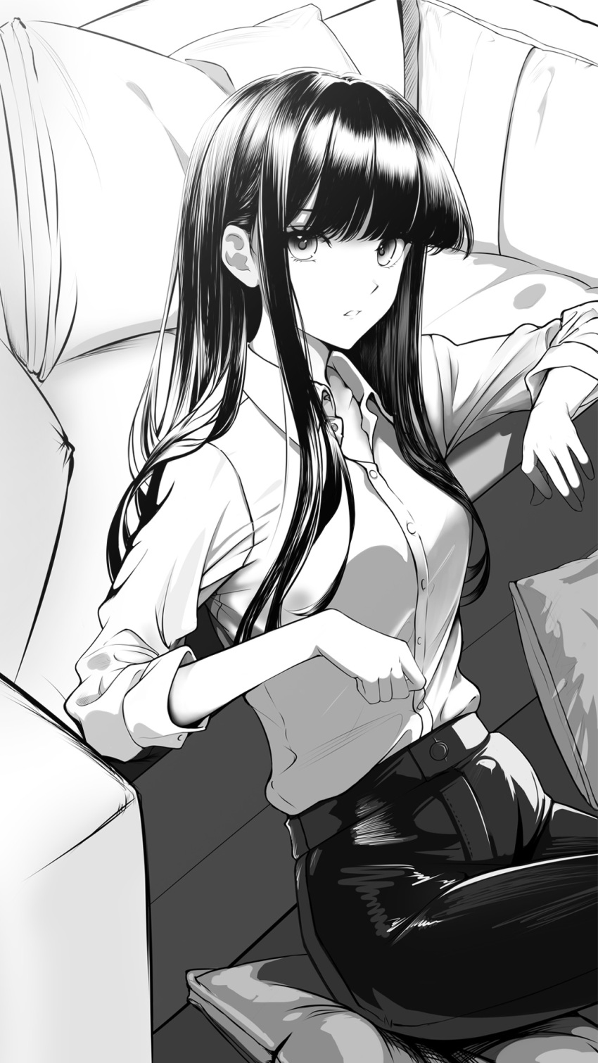 1girl black_hair black_pants breasts collared_shirt cowboy_shot greyscale hair_between_eyes highres hime_cut long_hair looking_at_viewer medium_breasts monochrome pants parted_lips pillow shirt sitting sleeves_rolled_up touma_kazusa white_album_(series) white_album_2 white_shirt zero2212