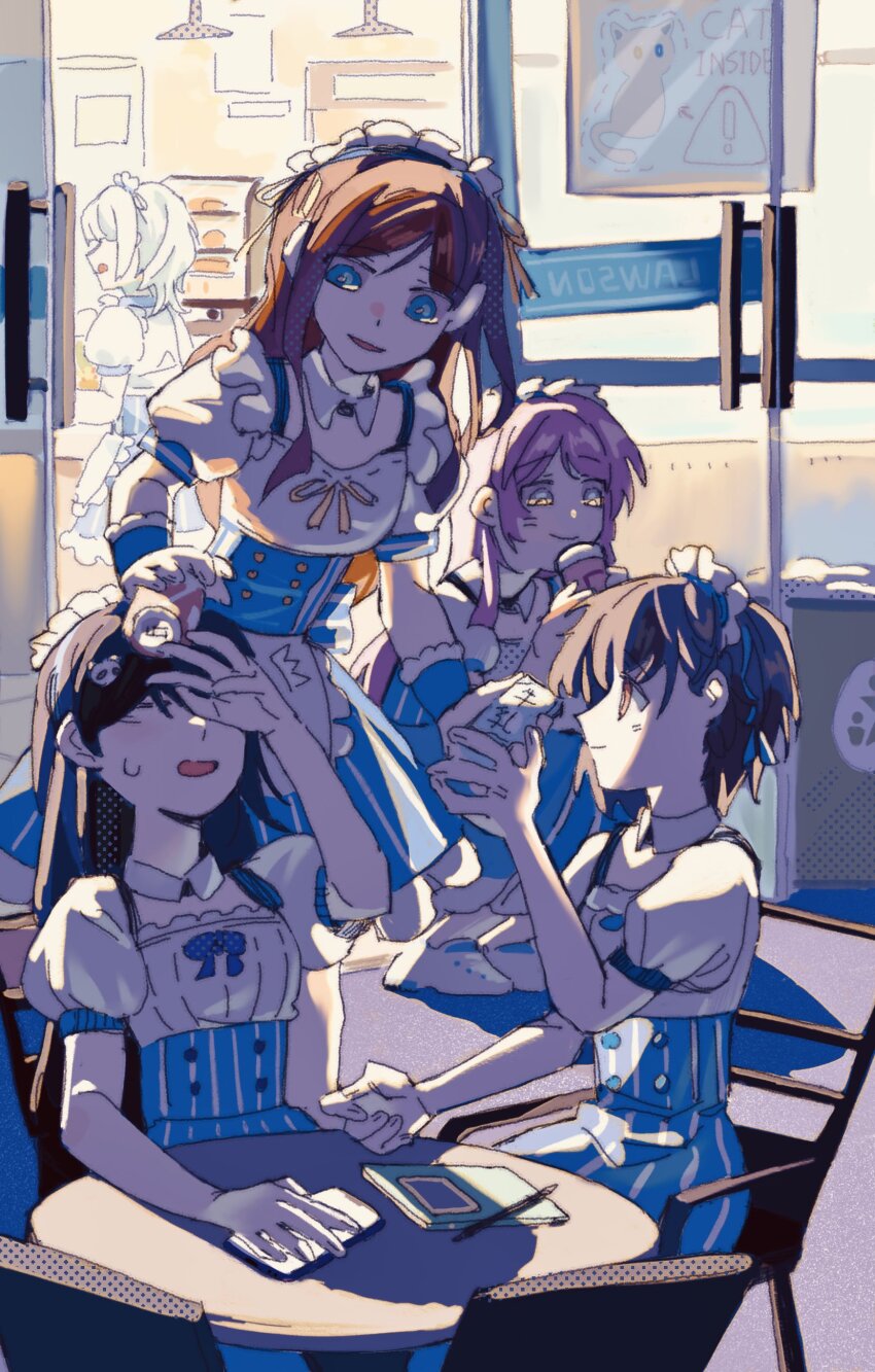 5girls absurdres apron bang_dream! bang_dream!_it&#039;s_mygo!!!!! black_hair blue_dress blue_eyes brown_eyes brown_hair can cellphone chair chihaya_anon closed_eyes closed_mouth commission convenience_store dress drink_can grey_eyes grey_hair hair_ornament highres kaname_raana lanserongjie lawson licking_lips long_hair maid maid_headdress milk_carton multiple_girls mygo!!!!!_(bang_dream!) nagasaki_soyo notebook open_mouth panda_hair_ornament phone pink_hair puffy_short_sleeves puffy_sleeves second-party_source shiina_taki shop short_hair short_sleeves sitting smartphone standing sweatdrop table takamatsu_tomori tongue tongue_out waist_apron white_apron white_hair