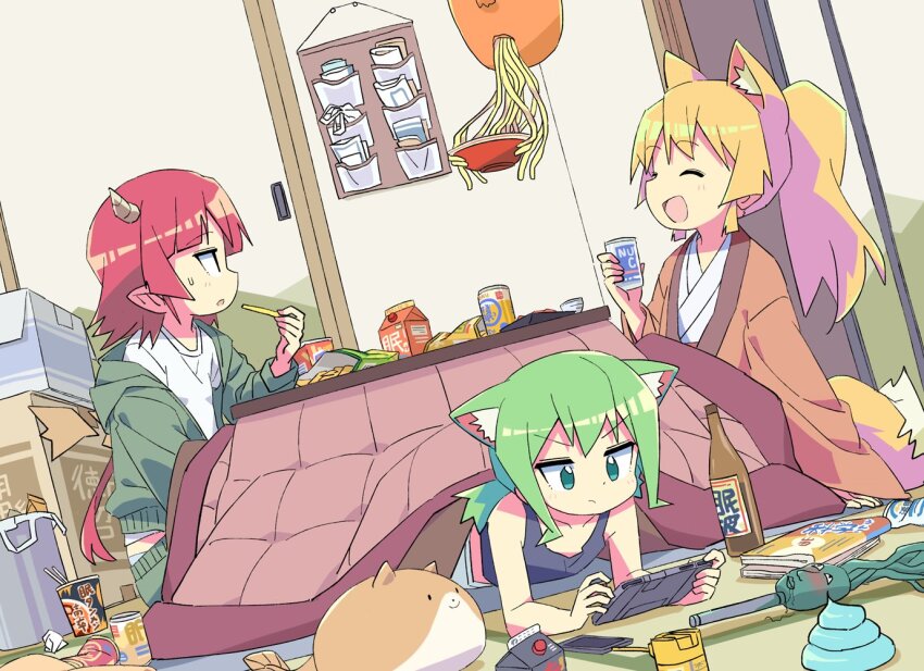 3girls animal_ear_fluff animal_ears blonde_hair cat_ears cat_girl chips_(food) closed_eyes closed_mouth commentary cup_ramen demon_girl demon_horns demon_wings detached_wings dutch_angle flat_chest food fox_ears fox_girl fox_tail green_eyes green_hair handheld_game_console holding holding_handheld_game_console horns irori_(roku_no_hito) kotatsu long_hair lying multiple_girls on_stomach open_mouth original parted_lips pointy_ears ponytail potato_chips red_hair roku_no_hito short_hair sitting suama_(roku_no_hito) table tail unagi_(roku_no_hito) under_kotatsu under_table wings