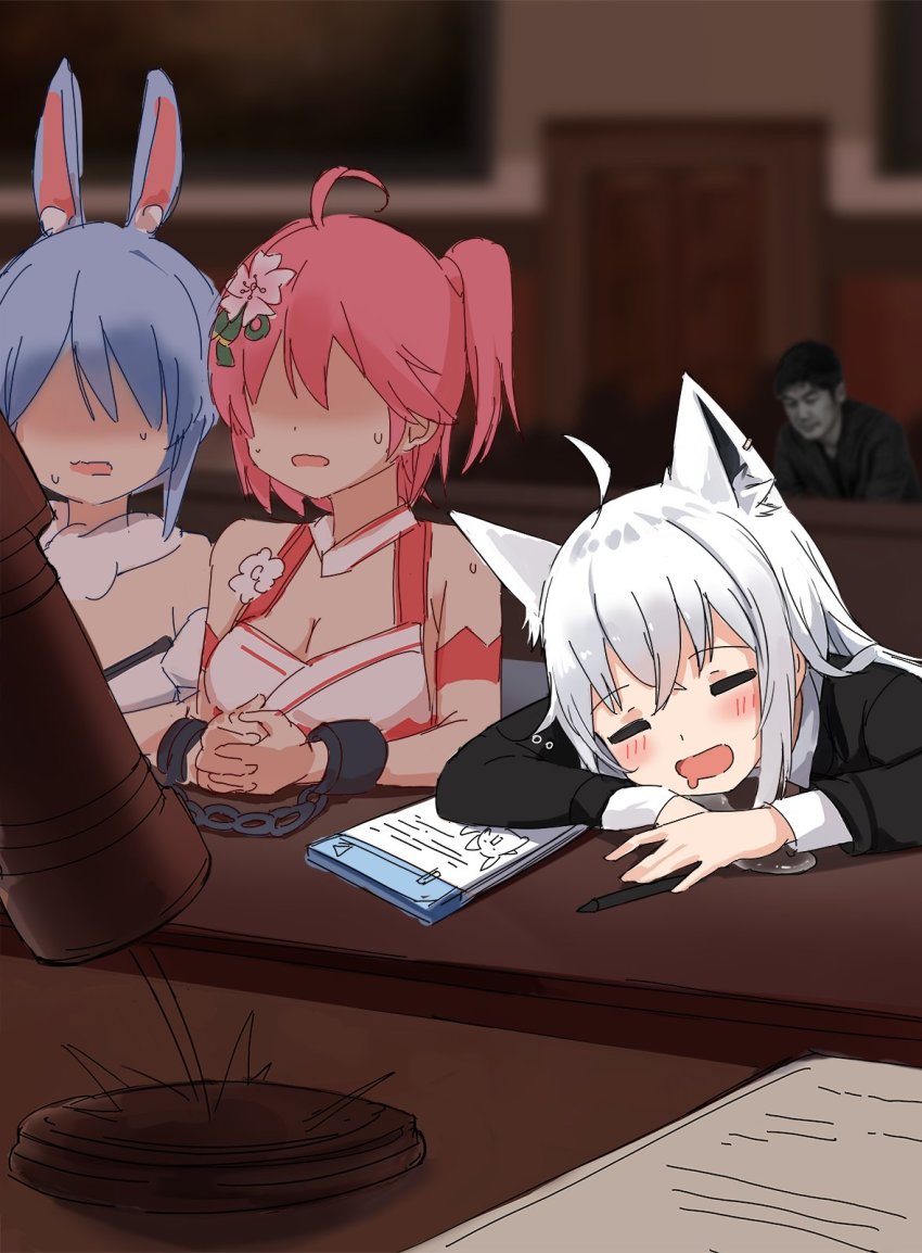 1boy ahoge animal_ears blue_hair courtroom cuffs drooling flower fox_ears fox_girl gavel hair_flower hair_ornament handcuffs highres hololive lawyer long_hair multicolored_hair orobou pen pink_hair rabbit_ears rabbit_girl sakura_miko sakura_miko_(old_design) shirakami_fubuki sleeping usada_pekora usada_pekora_(1st_costume) virtual_youtuber white_hair yagoo