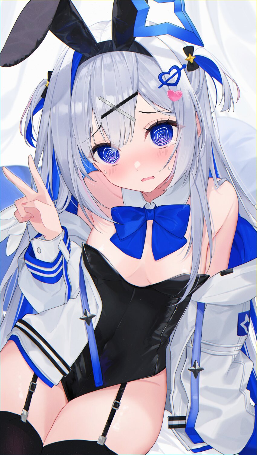 1girl @_@ absurdres adapted_costume amane_kanata amane_kanata_(work) animal_ears bare_shoulders black_leotard black_thighhighs blue_bow blue_eyes blue_hair blush bow bowtie breasts cleavage colored_inner_hair detached_collar fake_animal_ears garter_straps grey_hair hair_ornament hairclip hairpin halo highleg highleg_leotard highres hololive jacket leotard long_hair long_sleeves looking_at_viewer multicolored_hair nervous_sweating official_alternate_hair_length official_alternate_hairstyle open_clothes open_jacket open_mouth oversized_breast_cup playboy_bunny purple_eyes rabbit_ears single_hair_intake sitting small_breasts solo star_halo strapless strapless_leotard streaked_hair sweat thighhighs two_side_up ureinnn v virtual_youtuber white_jacket wings x_hair_ornament