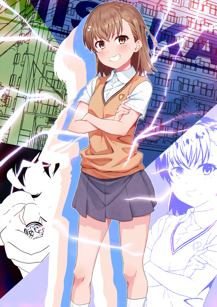 1girl 2023 20s biribiri blush brown_eyes brown_hair character_name coin commission crossed_arms ecjhonny89 electricity electrokinesis female_focus flower hair_flower hair_ornament highres looking_at_viewer matching_hair/eyes miniskirt misaka_mikoto school_uniform short_hair skirt smile socks solo standing summer_uniform teeth thighs toaru_kagaku_no_railgun toaru_majutsu_no_index tokiwadai_school_uniform white_socks