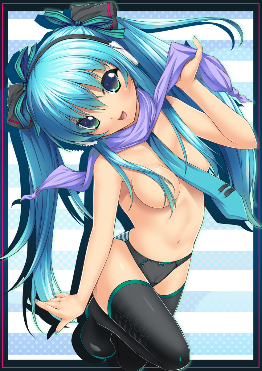 00s 1girl aqua_eyes aqua_hair black_panties black_thighhighs breasts cameltoe censored convenient_censoring female_focus hair_censor hair_over_breasts hatsune_miku highres panties ribbon saxasa_kisuk scarf solo thighhighs twintails underwear vocaloid