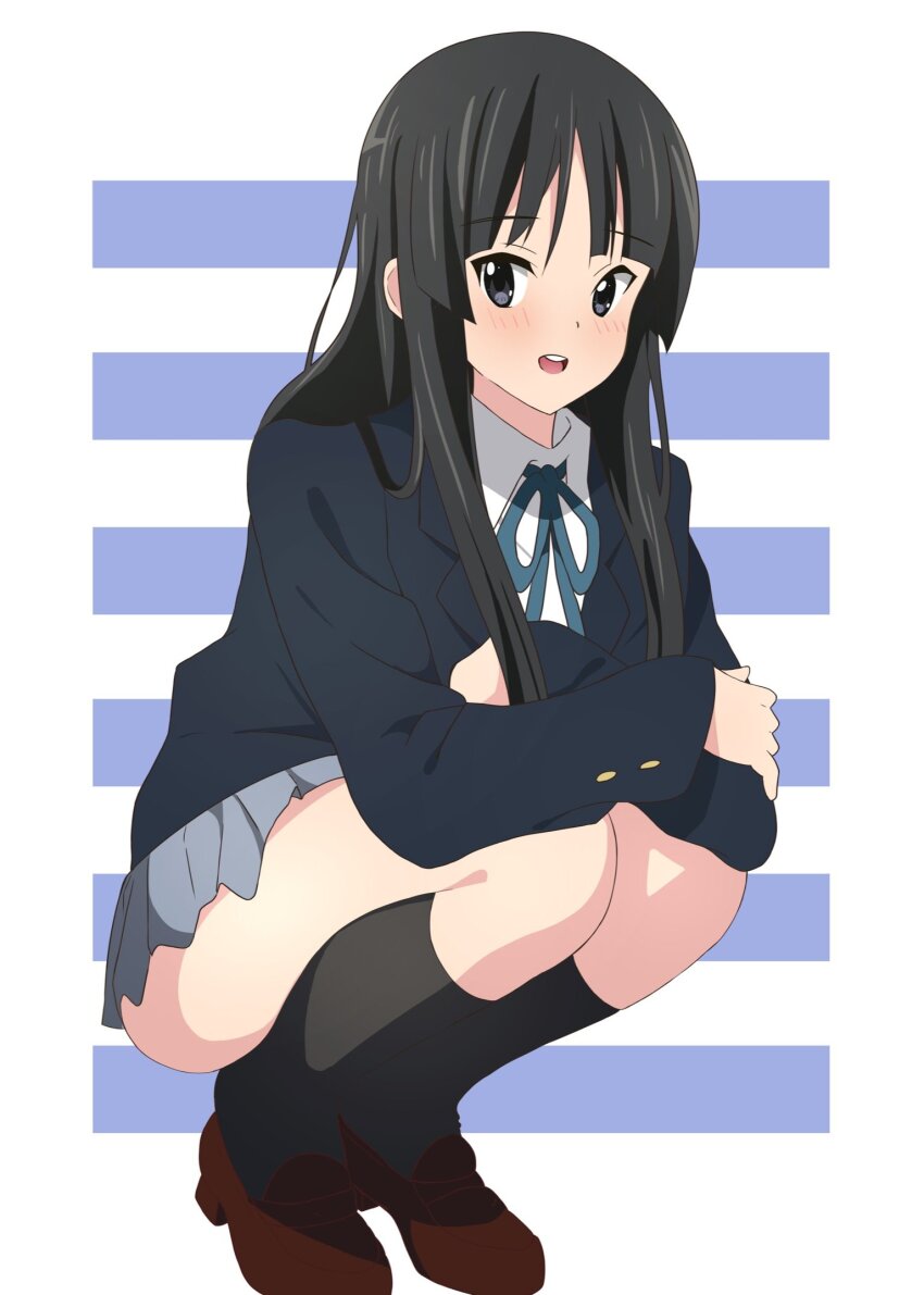 1girl akiyama_mio ass black_hair black_socks blush dot_nose female_focus highres k-on! legs long_hair long_sleeves open_mouth sakuragaoka_high_school_uniform shoes socks solo squatting teeth thighs