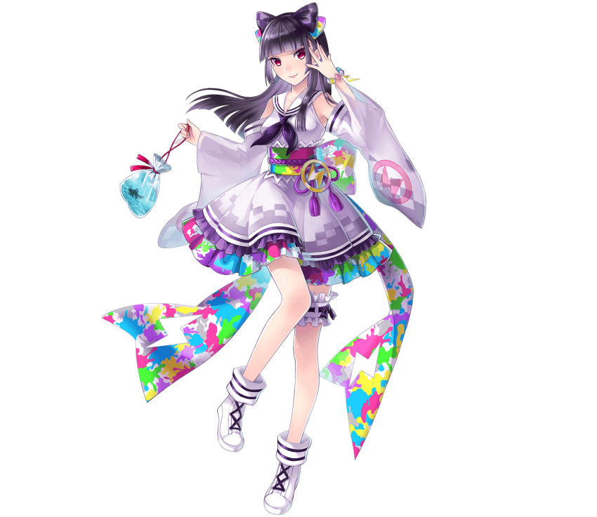 1girl aizawa_risa bag blunt_bangs bow bracelet checkered_bow checkered_clothes closed_mouth dempagumi detached_sleeves fish full_body goldfish hair_bow hair_over_shoulder highres holding holding_bag japanese_clothes jewelry kimono long_hair looking_at_viewer nakatsun_(gumi) neckerchief obi official_art phantom_of_the_kill purple_bow purple_hair purple_neckerchief red_eyes sailor_collar sash simple_background smile solo standing standing_on_one_leg straight_hair tachi-e thigh_strap third-party_source transparent_background white_footwear white_sailor_collar yukata